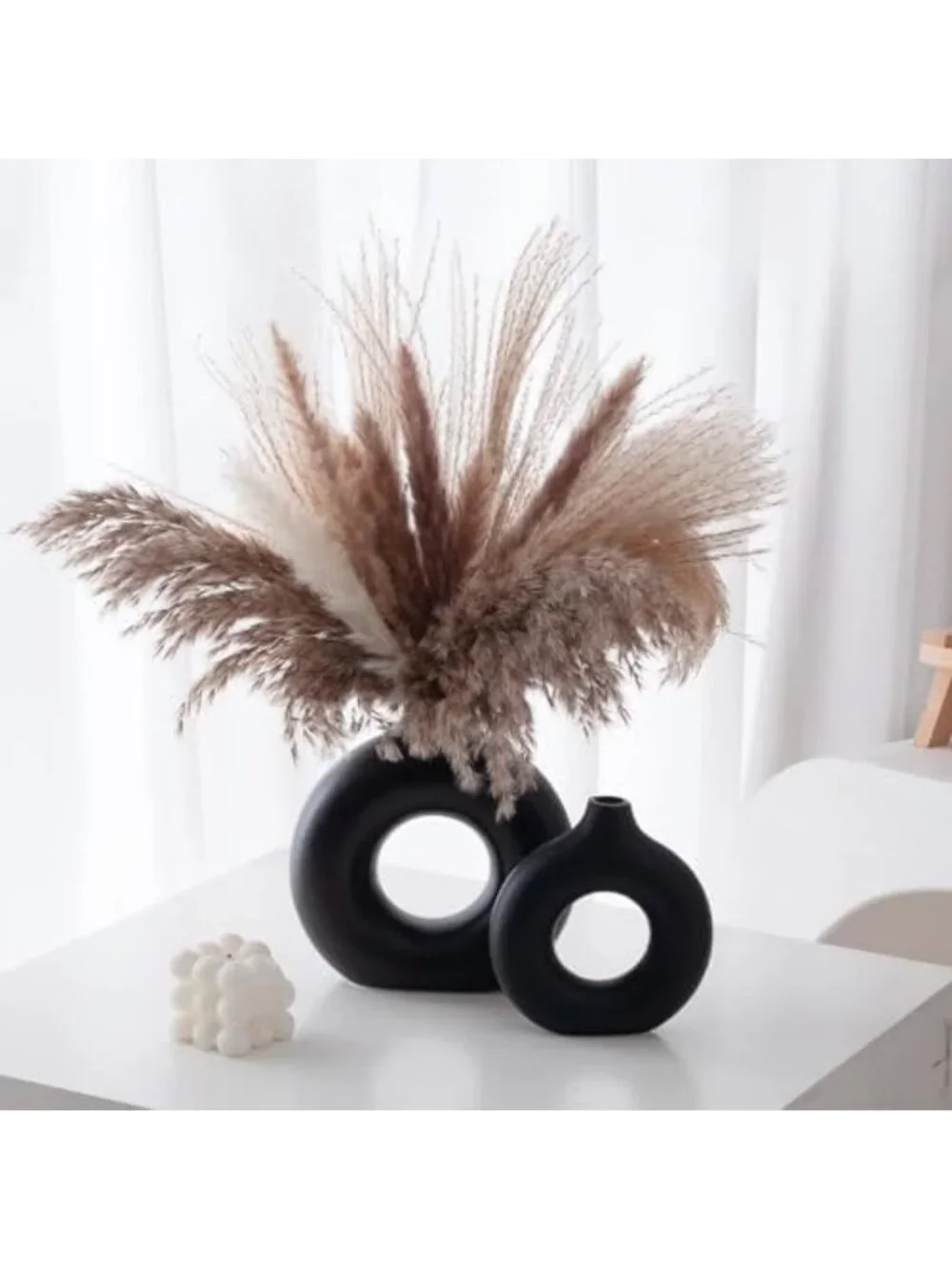 Set of 2 Black Ceramic Donut Vases - Matte Hollow Round Pampas Flower Decor